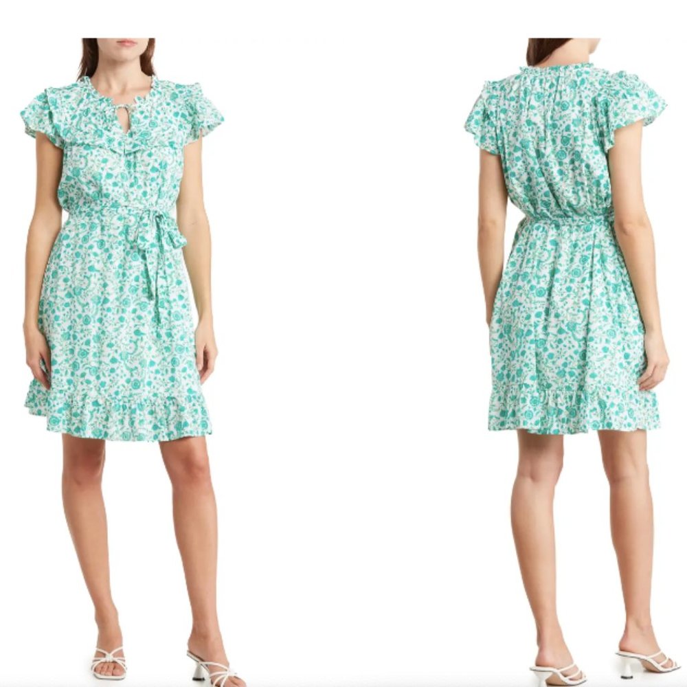 Draper James Mint Green Floral Tie-Waist Ruffle Dress